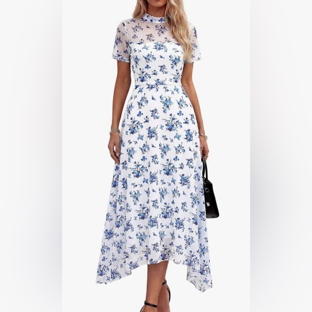 NWT PrettyGarden White Blue Floral Mesh Midi Dress Size L